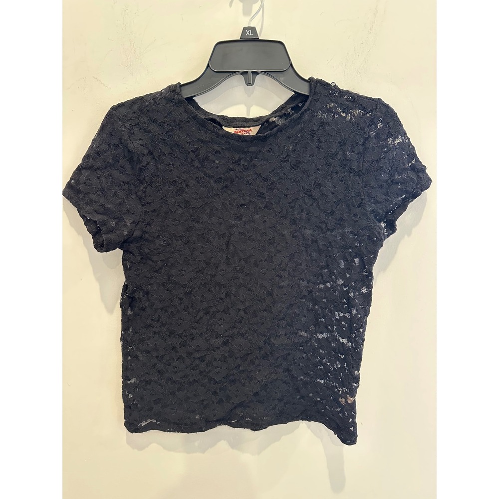 Arizona Jean Womens Black Floral Lace Short Sleeve Top Crew Neck Med whimsygoth